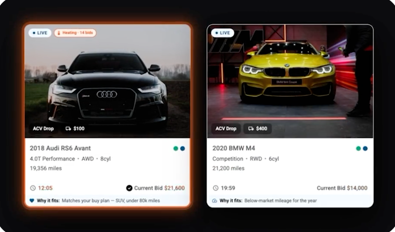 Live drop cards with the heat meter glowing on a heating auction