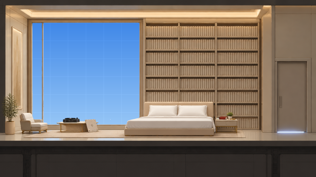Ji-yoo's cell-apartment: a luxury suite with a fake sky window, a wall of books, a bed, a record player and a door