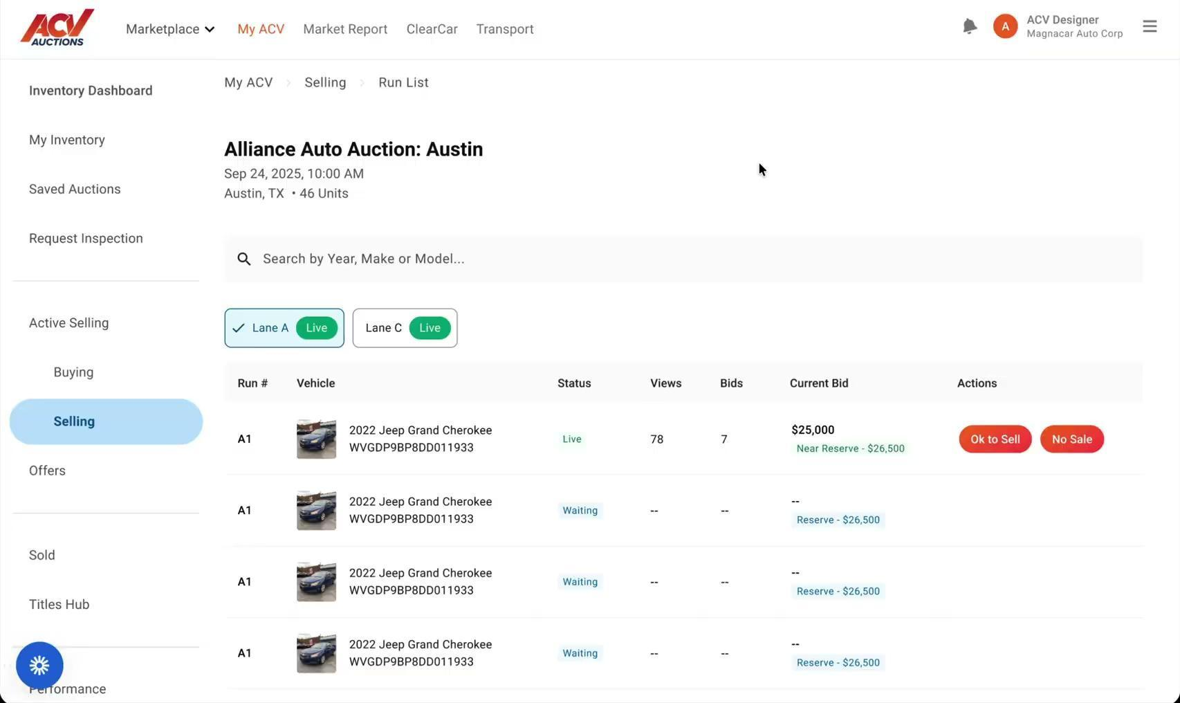 Active Selling — managing vehicles live across physical auction lanes