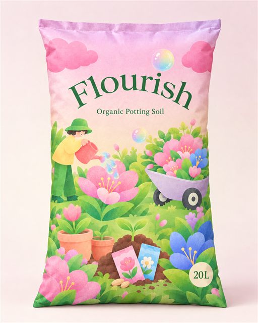 The Flourish potting soil bag