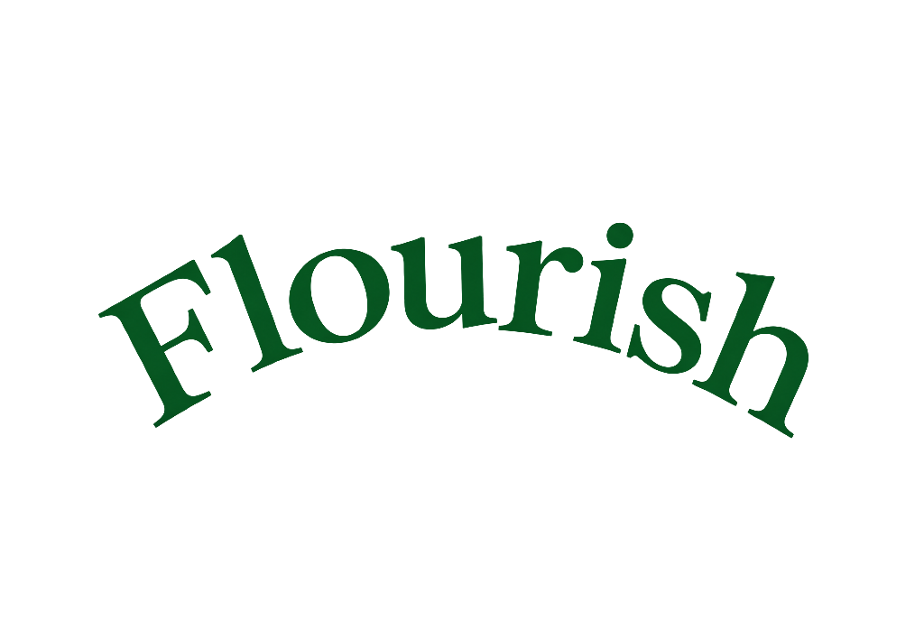 The Flourish wordmark on an upward arc, in deep green