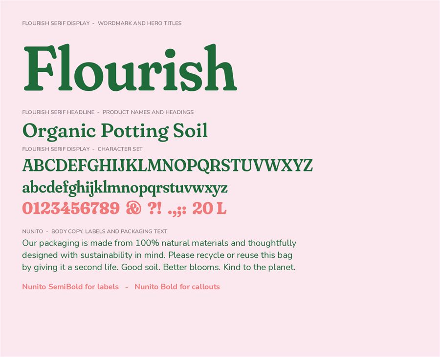 Type specimen showing Flourish Serif and Nunito