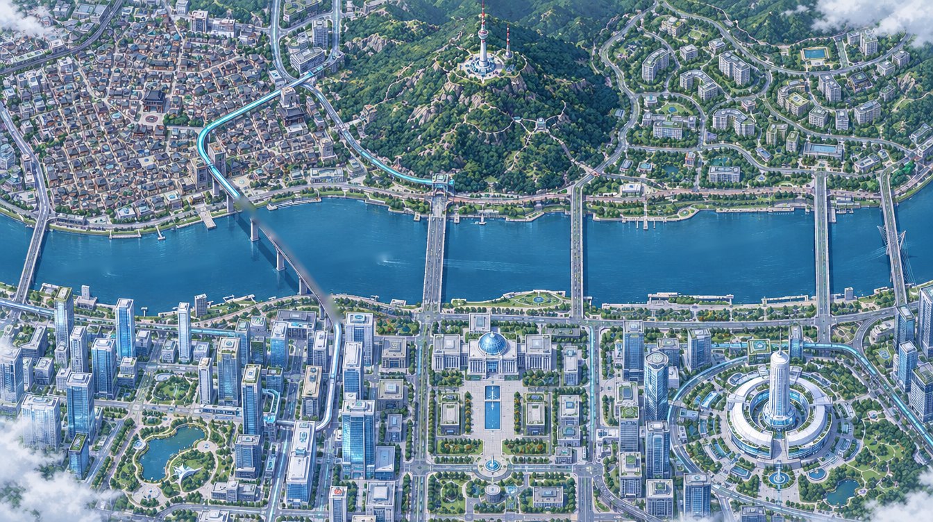 A painted map of Seoul in 3062: old Seoul in the north, the Han River across the middle, the new city and Aevum’s circular campus in the south