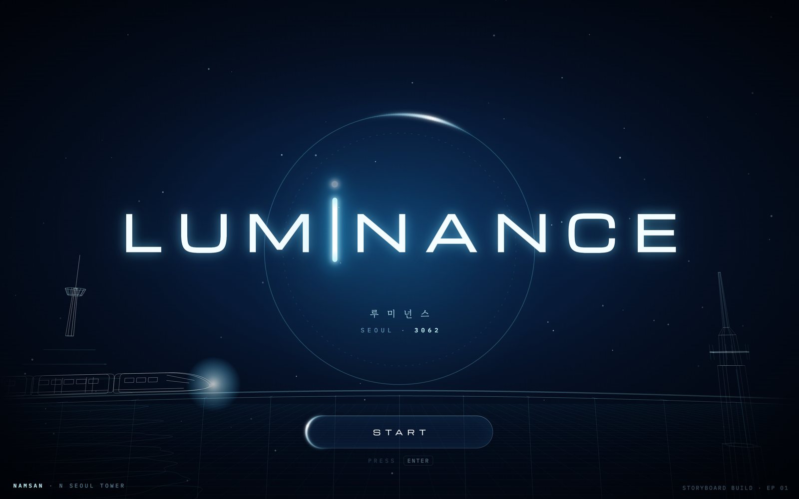 The Luminance title screen: the name in glowing letters over a hologram city