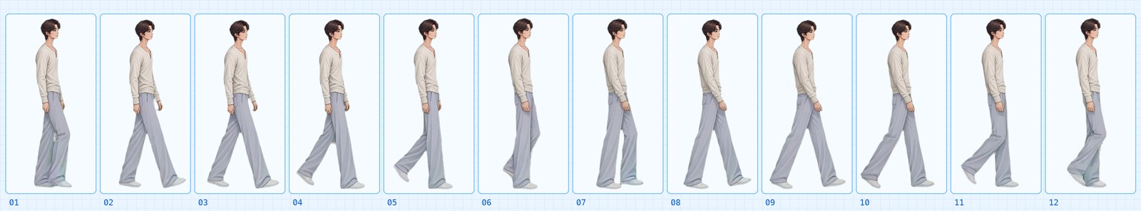 Ji-yoo’s walk cycle, twelve frames side by side