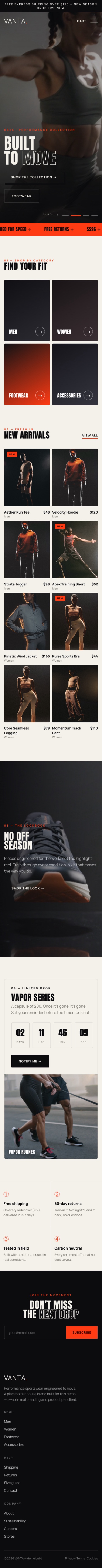 VANTA mobile storefront — scroll to explore
